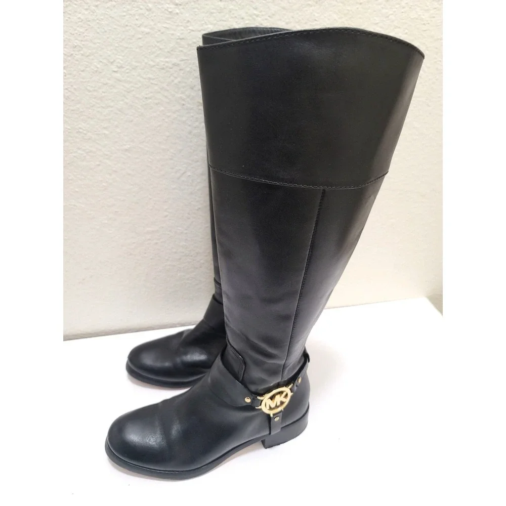 Michael Kors Womens Black Leather Knee-High Riding Boots With Gold MK Logo & Sid